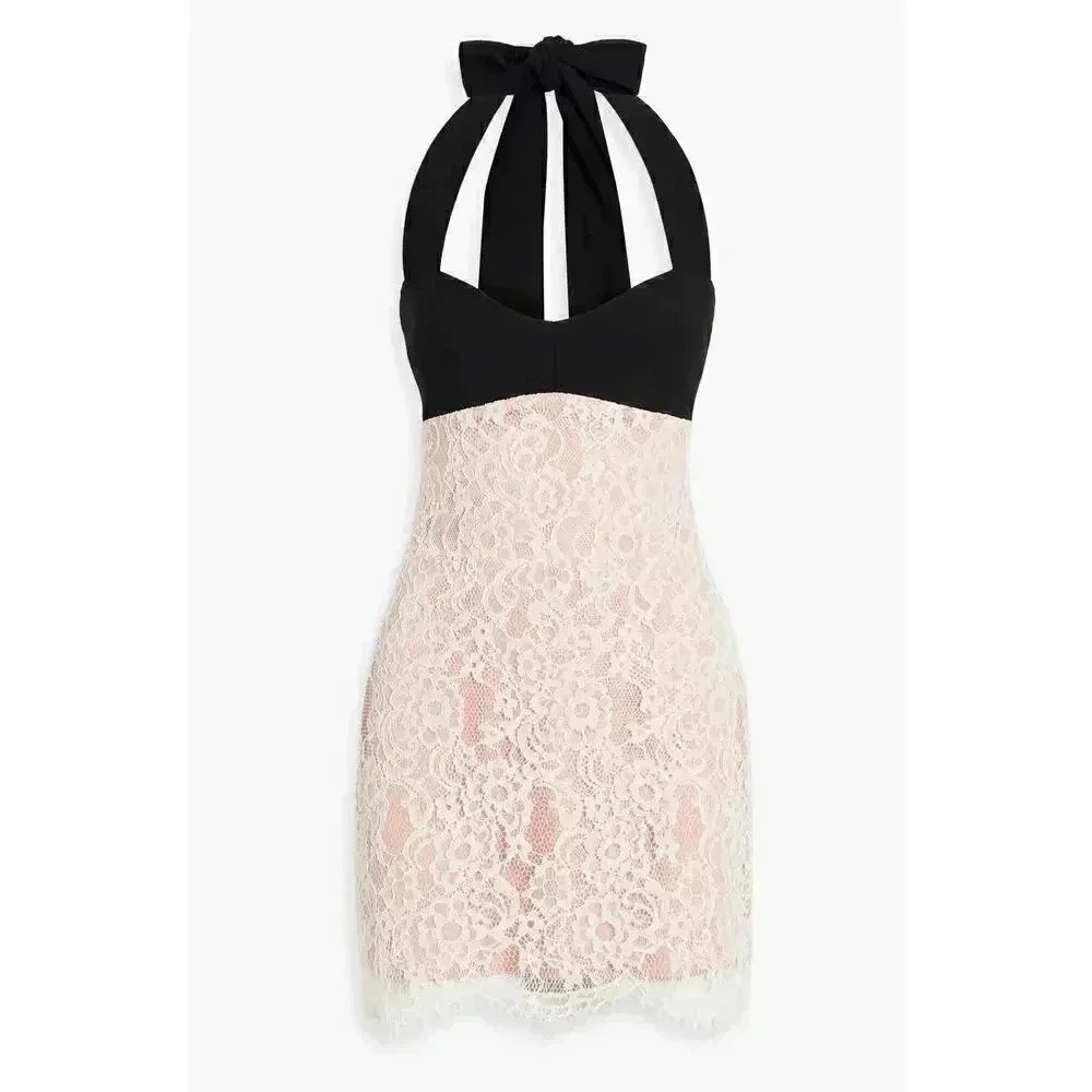 Rasario Two Tone Crepe Paneled Lace Halter Dress - size 4